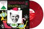 "Christmas with Sinatra" Albumcover, zeigt Frank Sinatras Gesicht mit Weihnachtsmütze, festliche Illustrationen und Schallplatte.