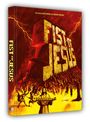 "Fist of Jesus" ist in großen Buchstaben auf einem roten Hintergrund mit Blitzen. Jesus trägt Fische, umringt von Menschen.