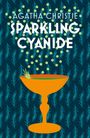 „AGATHA CHRISTIE SPARKLING CYANIDE“, orangefarbener Kelch vor blauem Hintergrund mit grünen Punkten und Farnmustern.