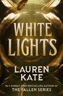 "WHITE LIGHTS" und "LAUREN KATE" in großen Buchstaben, golden umrandet von schwebenden Federn auf dunklem Hintergrund.