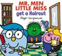 Text: "MR. MEN LITTLE MISS get a Haircut" Roger Hargreaves. Illustration: Figuren beim Friseur, bunte Flaschen im Regal.