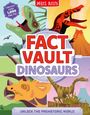 „FACT VAULT DINOSAURS“; Illustration von bunten Dinosauriern; Text: „Unlock over 1,000 facts!“, Vulkane im Hintergrund.