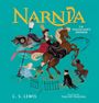 „Narnia, The Magician’s Nephew“ von C.S. Lewis. Eine Illustration zeigt Szenen mit Figuren, darunter ein Pferd und Menschen in Aktion.