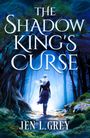 „THE SHADOW KING'S CURSE“ steht in großen Buchstaben. Eine Person mit hellem Haar geht in einen leuchtenden Wald.
