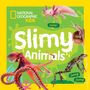 „slimy Animals“, „cute!“, „jump jump“. Bunte Illustration von Tieren: ein Axolotl, eine Schnecke, ein Frosch und ein Oktopus.
