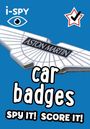 Text: "i-SPY car badges, SPY IT! SCORE IT! ASTON MARTIN." Illustration eines Autologos auf blauem Hintergrund.