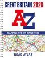 „GREAT BRITAIN 2028“, „MAPPING THE UK SINCE 1936“, „ROAD ATLAS“. A-Z Logo, darunter eine Karte mit Straßen.