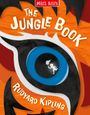 Text: "The Jungle Book", "Rudyard Kipling", "Miles Kelly" oben. Illustration: Ein großes Auge in orange und blau.