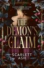„SURRENDER NEVER FELT SO GOOD. THE DEMON'S CLAIM. SCARLETT ASH.“ Frau in lila Kleid, umgeben von Blättern und leuchtenden Punkten.