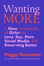 Der Text beschreibt ein Buch mit dem Titel "Wanting More" von Peggy Orenstein. Farbschema: Lila und Orange.