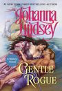 Text: "Johanna Lindsey, Gentle Rogue, A Malory Novel, Avon Books." Eine romantische Illustration: Frau und Mann auf einem Schiff.