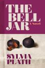 Text: „The Bell Jar: A Novel“, „Sylvia Plath“. Eine Illustration von Feigen auf hellem Hintergrund, oben violett.