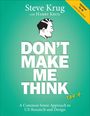 Text: "DON'T MAKE ME THINK rev. 4", "Steve Krug with Harry Krug", "A Common Sense Approach to UX Research and Design". Illustration eines Gesichts.
