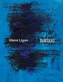 Text: "Glenn Ligon" und "SUBTEXT". Illustration mit schwarzem, texturiertem Zentrum auf blauem Hintergrund.