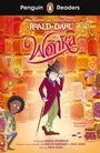 Text: "Inspired by the characters of ROALD DAHL", "Wonka", "Written by SIBEAL POUNDER". Illustration von Süßigkeitenladen.