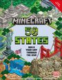 Texte: "Minecraft 50 States. Build your way through the USA!" Illustration: Gebäude und Sehenswürdigkeiten aus Blöcken.