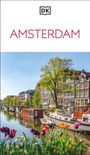 Text: "AMSTERDAM". Ein Kanal mit Hausbooten, blühenden Tulpen im Vordergrund und Häuserzeile im Hintergrund. Logo oben.
