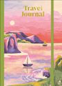 Text: "Travel Journal". Illustration: Segelboote auf rosa-rot gefärbtem Wasser vor einer felsigen Küste bei Sonnenuntergang.