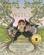 "Tiffany Aching's Guide to Being a Witch" oben, mit Bäumen und Hexenfiguren darunter, mittig junge Frau mit ernster Miene.
