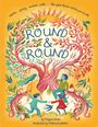 „Winter, spring, summer, fall... the year turns circles for us all. ROUND & ROUND“. Eine farbenfrohe Illustration mit Bäumen und spielenden Menschen.