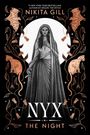 „Nikita Gill, NYX, THE NIGHT“. Illustration einer Frau in einem Gewand, umrahmt von Fledermäusen, Blumen, Katzen und Sternen.