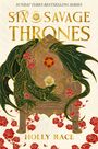 Text: "SUNDAY TIMES BESTSELLING SERIES", "SIX SAVAGE THRONES", "HOLLY RACE". Illustration mit Drache und Rosen.