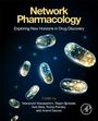 "Network Pharmacology: Exploring New Horizons in Drug Discovery" steht über schwebenden, funkelnden Pillen auf dunklem Hintergrund.