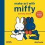 „make art with miffy activity book“. Illustration von zwei Hasen, einer in Weiß und einer in Dunkelblau, auf gelbem Hintergrund.
