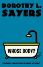 "Dorothy L. Sayers, Whose Body?, The First Lord Peter Wimsey Mystery. Illustration einer Badewanne auf blauem Hintergrund."