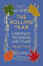 „The Rolling Year: Listening to the Seasons with Vivaldi“ von Hannah French. Herbstblätter und Musiknoten vor blauem Hintergrund.