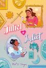 "Juliet + Juliet" in verspielten Schriftarten, zwei Frauen in Bilderrahmen, beide schauen auf ihre Handys mit Herz-Symbol.