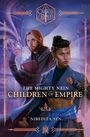Eine Fantasy-Illustration mit zwei Charakteren. Ein Mann mit rotem Haar hält ein Buch, eine Frau mit Dutt steht entschlossen.