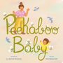 „Peekaboo Baby“ in kindlicher Schrift. Illustration mit fröhlicher Frau, Kind, Blumen und bunten Vögeln.