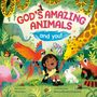 "God's Amazing Animals and You!" Illustration mit fröhlichem Kind, Papagei, Flamingo, Giraffe, Zebra und weiteren Tieren im Dschungel.