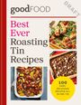 "Best Ever Roasting Tin Recipes", "100 easy, delicious recipes all in one tin". Drei Fotos von Gerichten auf einem Cover.