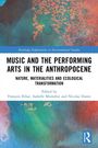 Titel: "Music and the Performing Arts in the Anthropocene". Illustration mit organischen Farbmustern in Blau und Orange.