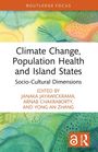 Routledge Focus: "Climate Change, Population Health and Island States". Bunte abstrakte Muster, orange-weißes Logo.