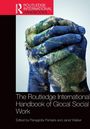 Text: "The Routledge International Handbook of Glocal Social Work. Edited by Panagiotis Pentaris and Janet Walker." 

Zwei ineinander verschränkte Hände mit Weltkarten-Muster.