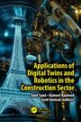 Text: "Applications of Digital Twins and Robotics in the Construction Sector." Ein Roboterarm erstellt einen holografischen Turm.