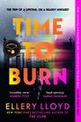 Text: „Time Travel Can Be Murder. Time to Burn. Ellery Lloyd.“ Farbverlauf in Orange-Pink, Gebäude im Hintergrund.