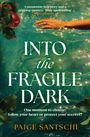 „INTO THE FRAGILE DARK“, Wasser mit Glitzern, Hand taucht ein, Äpfel und Blätter umrahmen, Titel von Paige Santschi.