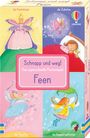 „Schnapp und weg! Das superschnelle Kartenspiel Feen“. Illustrationen von Feen: Feenkönigin, Zahnfee, Tanzfee, Regentropfenfee.