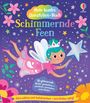 "Mein buntes Glanzfolien-Buch: Schimmernde Feen" steht in bunten Buchstaben, mit einer Fee, Sternen und Blumen.