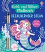 Text: "Gold- und Silber-Malbuch", "Bezaubernder Ozean", "mit zwei Metallic-Buntstiften". 
Eine Meerjungfrau und Ozean-Motive.