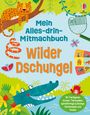 „Mein Alles-drin-Mitmachbuch Wilder Dschungel“. Illustration mit bunten Tieren im Dschungel.