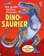 "Die große Sticker-Tierwelt DINOSAURIER", "viele SCHILLERNDE Sticker". Illustration eines bunten Dinosauriers auf rotem Hintergrund.