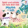 "Spiel und schieb, ich hab dich lieb. Mama und ich. Schieber auf jeder Seite." Zwei Hunde, einer mit lila Tuch.