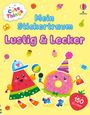 "Mein Stickertraum Lustig & Lecker" in bunten Buchstaben. Illustration: Obst- und Süßigkeitenfiguren auf gelbem Hintergrund.
