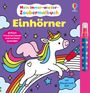 Text: "Mein Immer-wieder-Zaubermalbuch - Einhörner", "einfach trocknen lassen und nochmal ausmalen", "mit Wassertankstift." 
Illustration: Ein Einhorn auf einem Regenbogen.