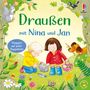 „Draußen mit Nina und Jan“ steht in der Mitte. Zwei Kinder, ein Hund und viele bunte Gartenmotive umgeben sie.